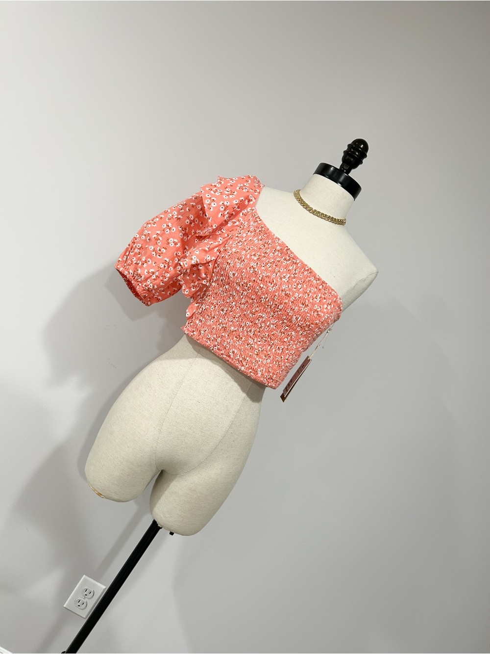 Billabong Coral One-Shoulder Smocked Floral Crop Top